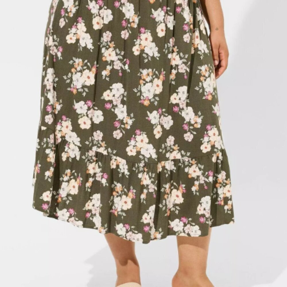 Torrid Floral Midi Skirt 3X Green Boho Cottagecore Tiered Tea Length Skirt Plus - Picture 2 of 7